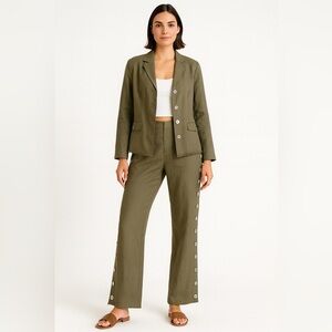 Worth Vintage Two-Piece Suit Olive Green Blazer + Side-Button Pants Size 10